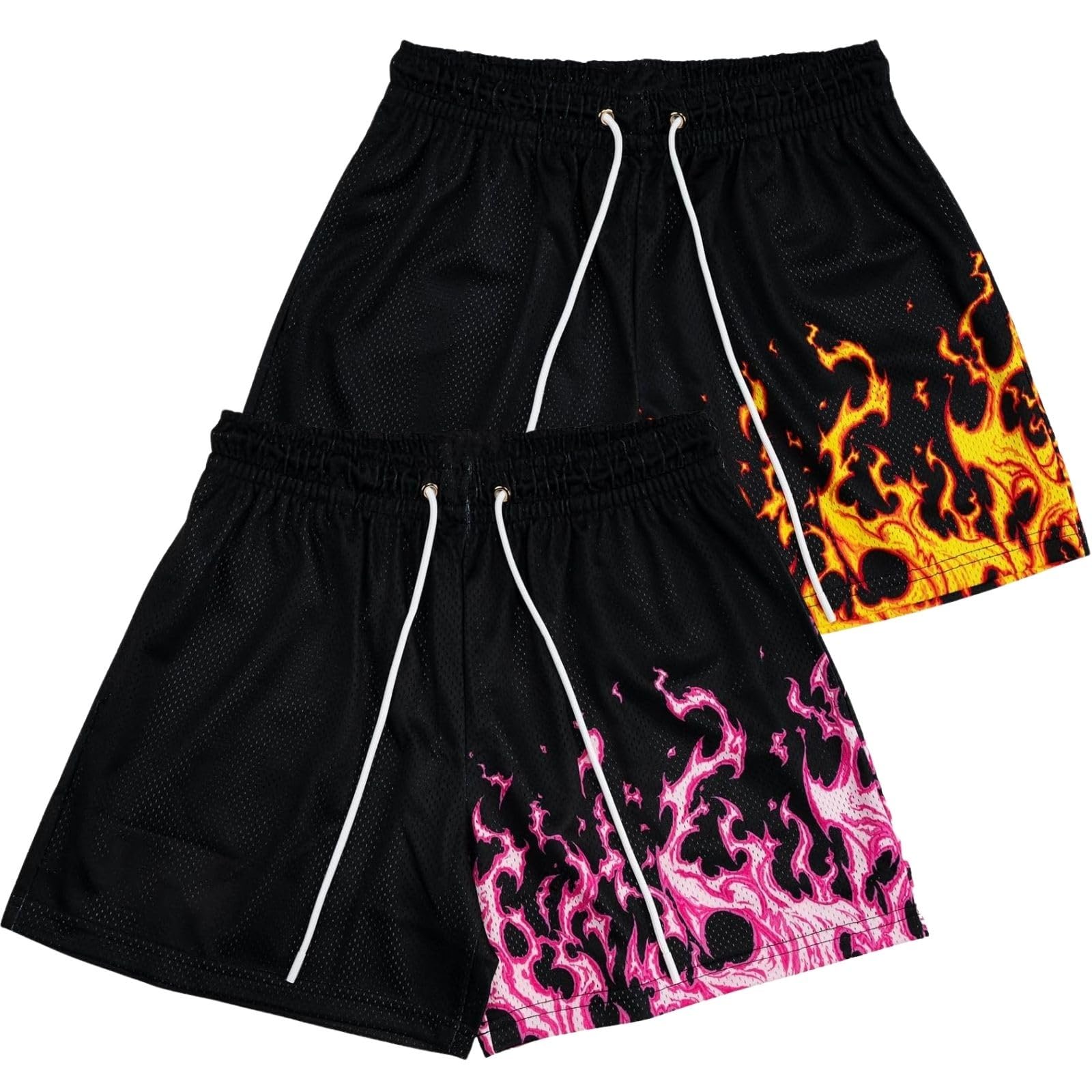 2 Pack Mens Flame Graphic Basketball Shorts Retro Running Athletic Casual Drawstring Waist Summer Short Pants with Pockets