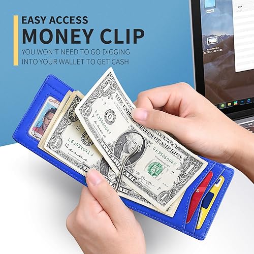 Miniatura 8 de RUNBOX Cartera delgada para hombre, de piel auténtica, bloqueo RFID, plegable, minimalista, bolsillo frontal, con clip para dinero, caja de regalo