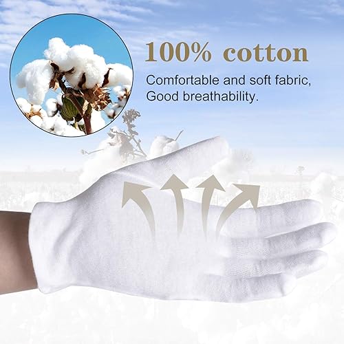 Miniatura 2 de Guantes 100% algodón, 6 pares de guantes de algodón blanco para mujeres, manos secas, eccema para servir  Guantes de inspección de joyas de monedas