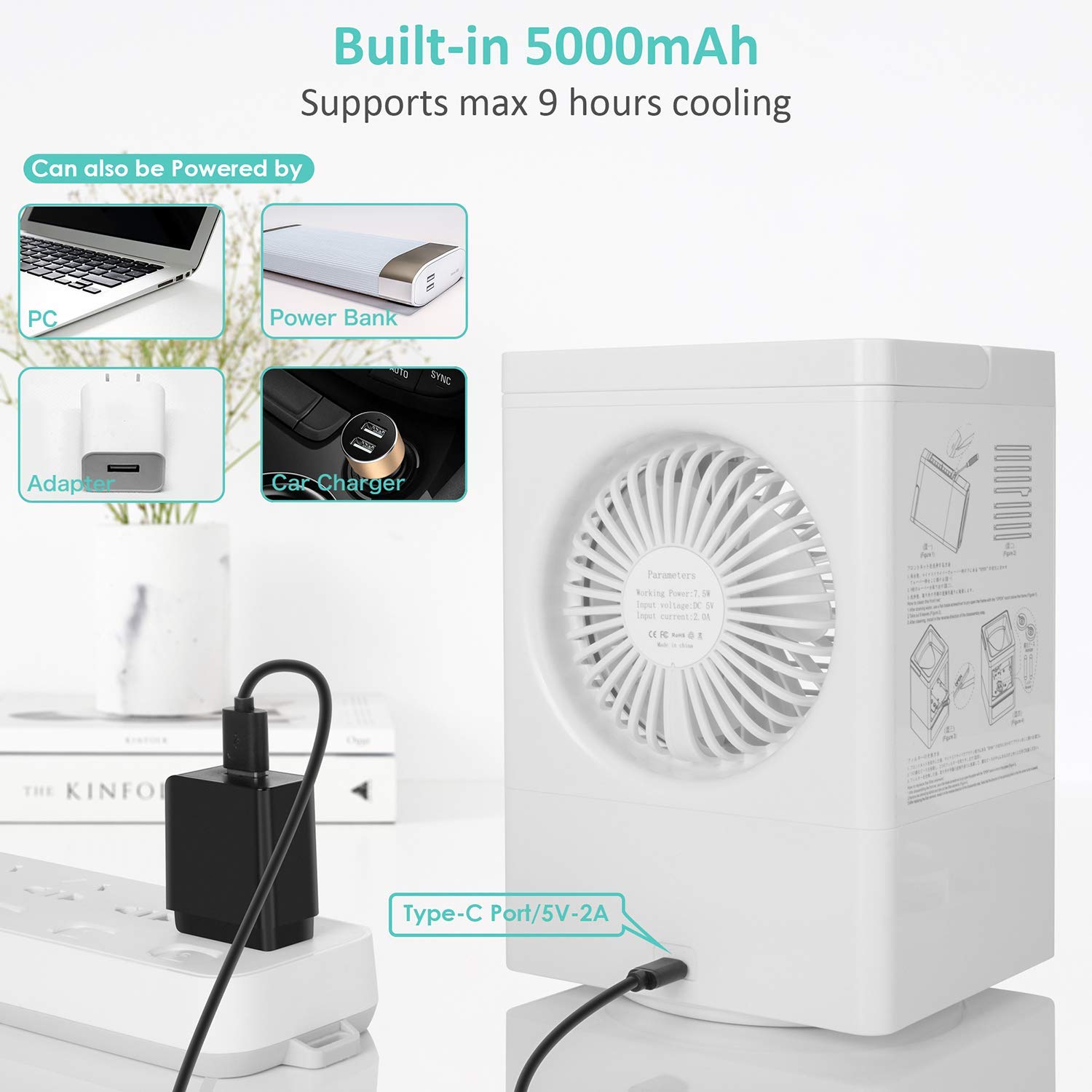 Buy Portable Air Cooler, 5000 mAh Battery Powered Evaporative Coolers Personal Space Cooler