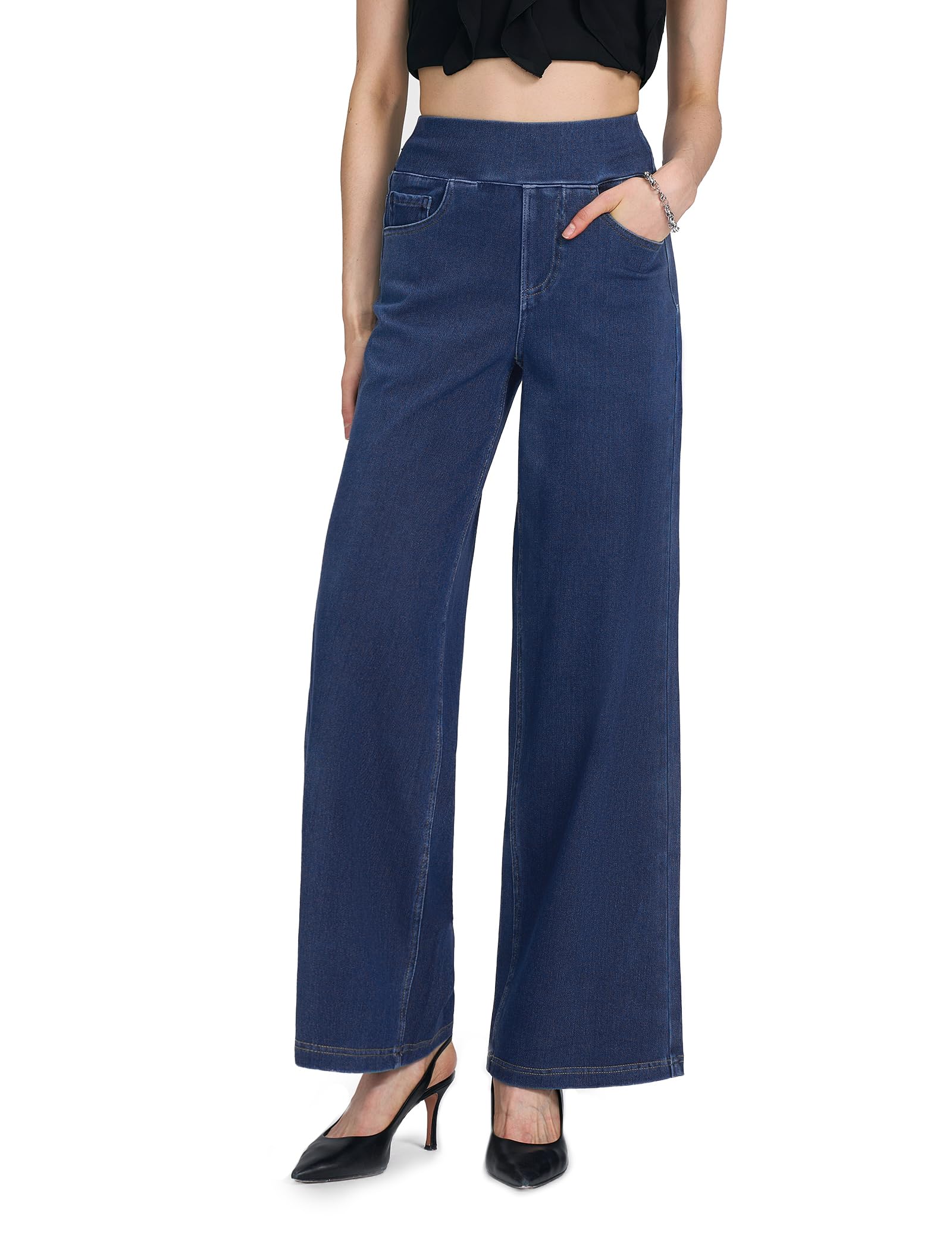 Jean Femme,Pull on Wide Leg Taille Haute Jeans