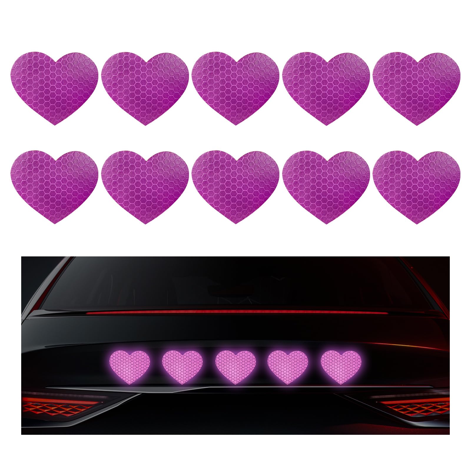 10PCS Vinyl Decal for Cars, High Intensity Reflective Sticker Night Safety Sign Bumper Decals, Waterproof Grid Vinyl Stickers Scratch Cover for Auto Window Laptop (Heart, Purple)