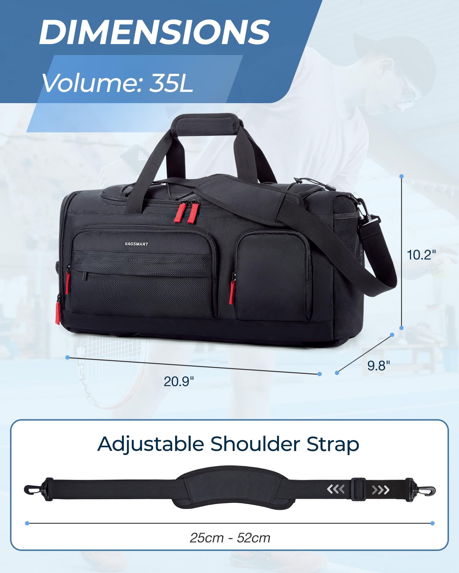 BAGSMART Sporttasche Damen und Herren, Sporttasche mit Schuhfach und Nassfach wasserdichte Gym Bag Reisetasche trainingstasche schwimmtasche für Fitness, Reisen, Outdoor-Aktivitäten, Schwarz