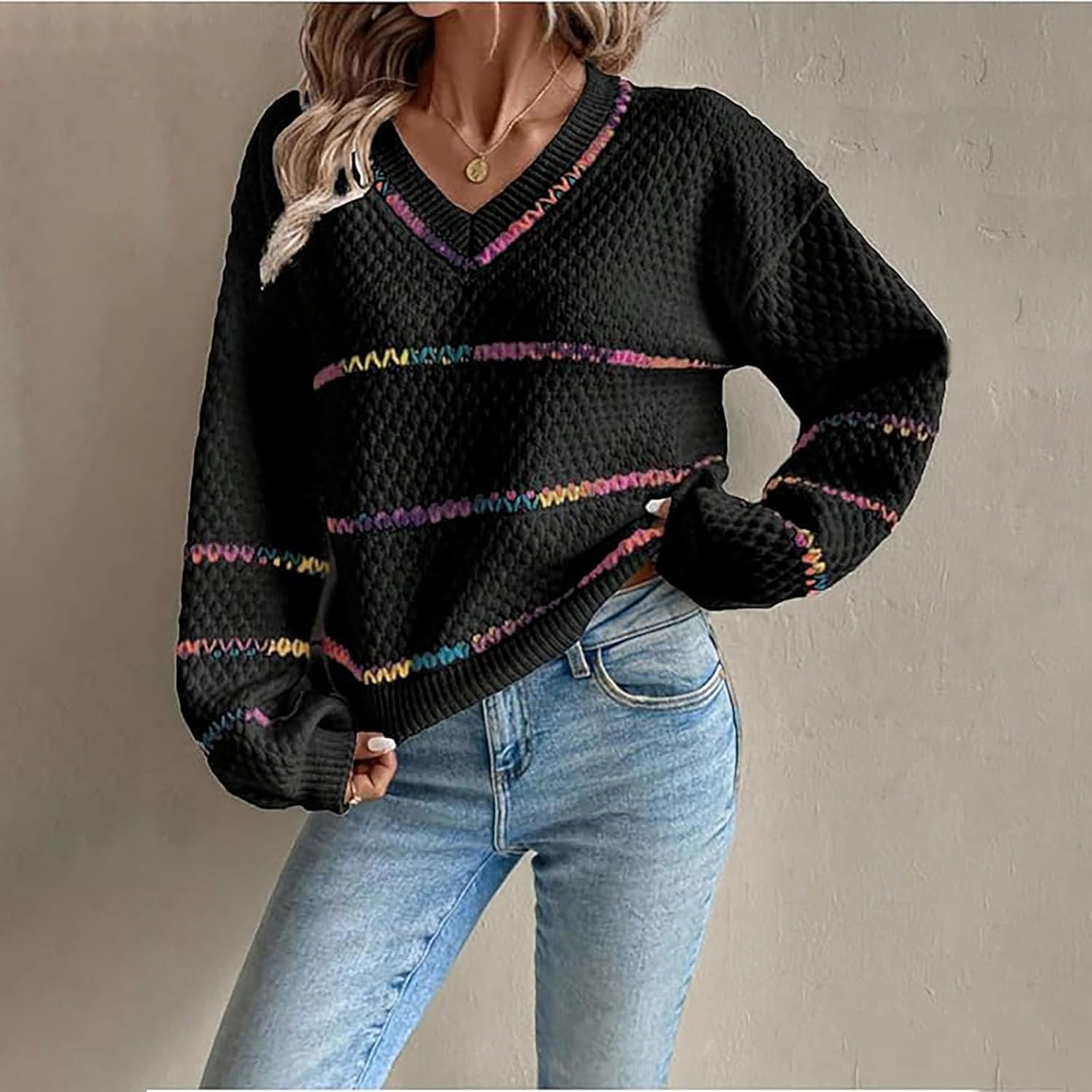 Womens Fall Sweaters Oversized Pullover V Neck Stripe Long Sleeve Drop Shoulder Knit Top Loose Rainbow Chunky Top - Image 4