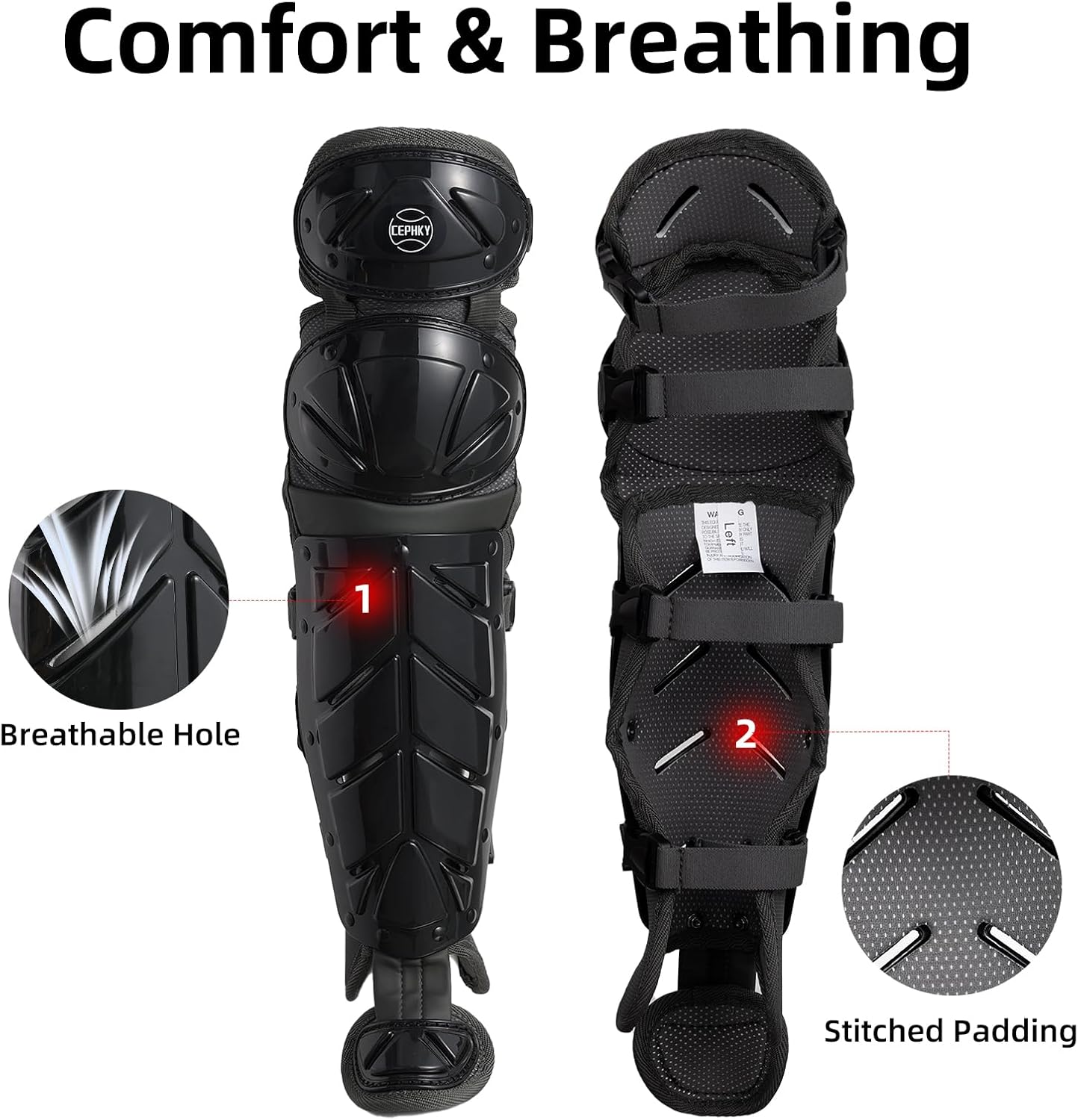 2 Pack Softball/Baseball Knee Leg Guard, Doulbe Leg Knee Savers for Youth/Adult Catchers, 16.8in Full Wing Shin Guards with Adjustable Straps, Fit Well and Comfortable, White/Black
