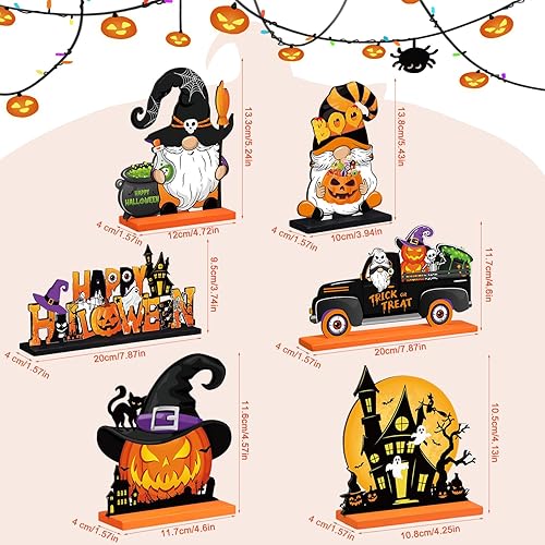 Miniatura 2 de Soaoo 6 piezas de centros de mesa de madera de Halloween, decoración de centro de mesa de madera de Halloween, letreros de calabaza, gnomo, sombrero