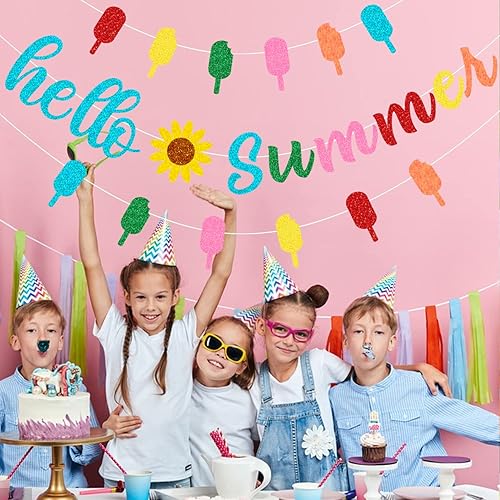 Miniatura 3 de Cartel de Hello Summer, colorido cartel de girasol de verano con purpurina, guirnalda de paletas de helado de Hello Summer, fiesta de verano,