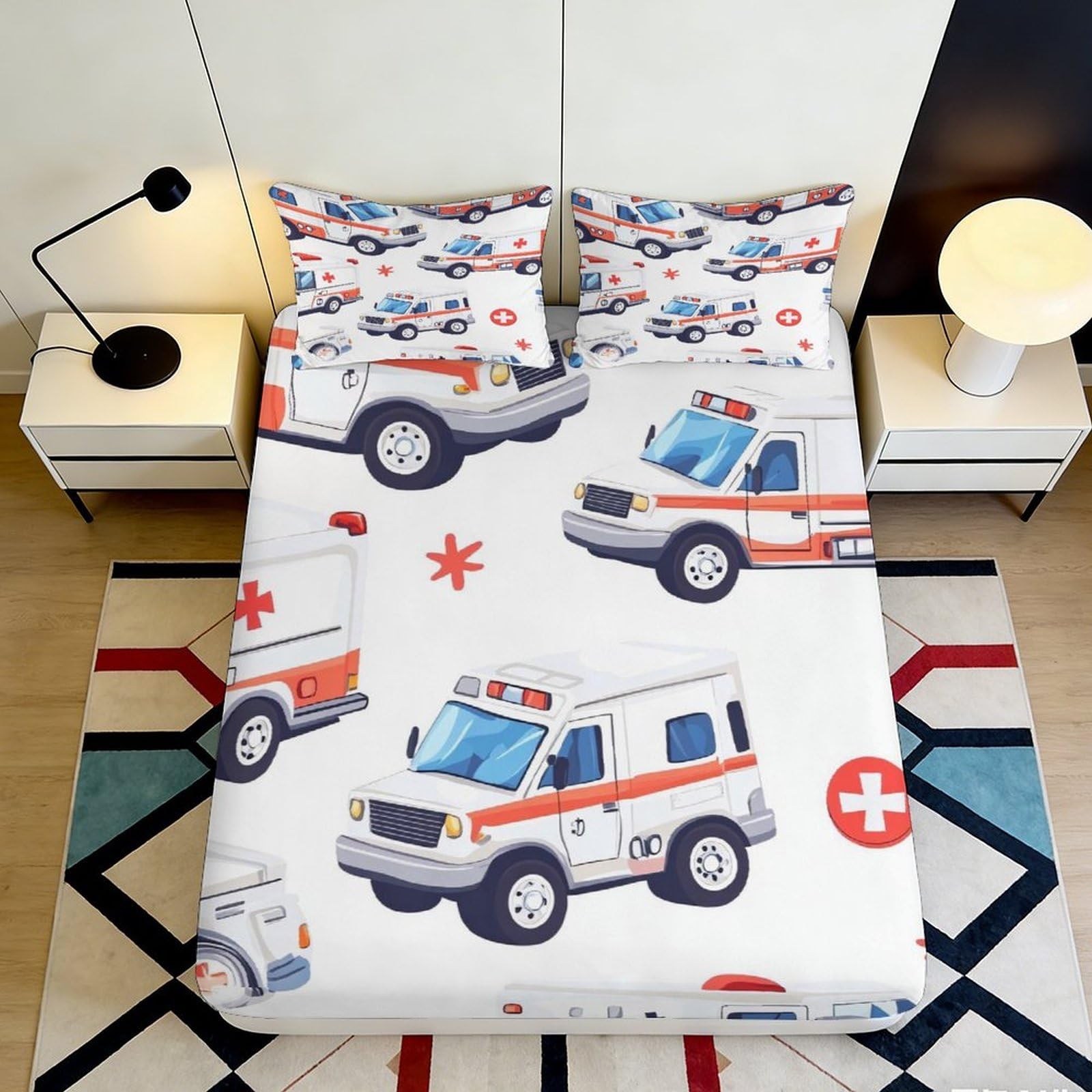 Dhbaneiok Style-9 3D Printed Ambulance Theme Fitted Sheet Microfiber Soft White Red Bed Cover For Bedroom Dorm Mattress Protection Decor 90X200x25cm