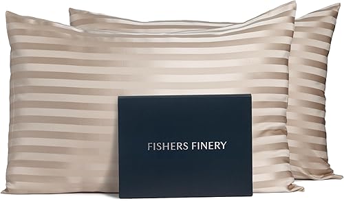 Miniatura 14 de Fishers Finery 25 mm 100% seda pura de morera, juego de 2 fundas para almohada (gris rayado estándar, juego de 2) Rayas de plata,Borgoña,Blanco