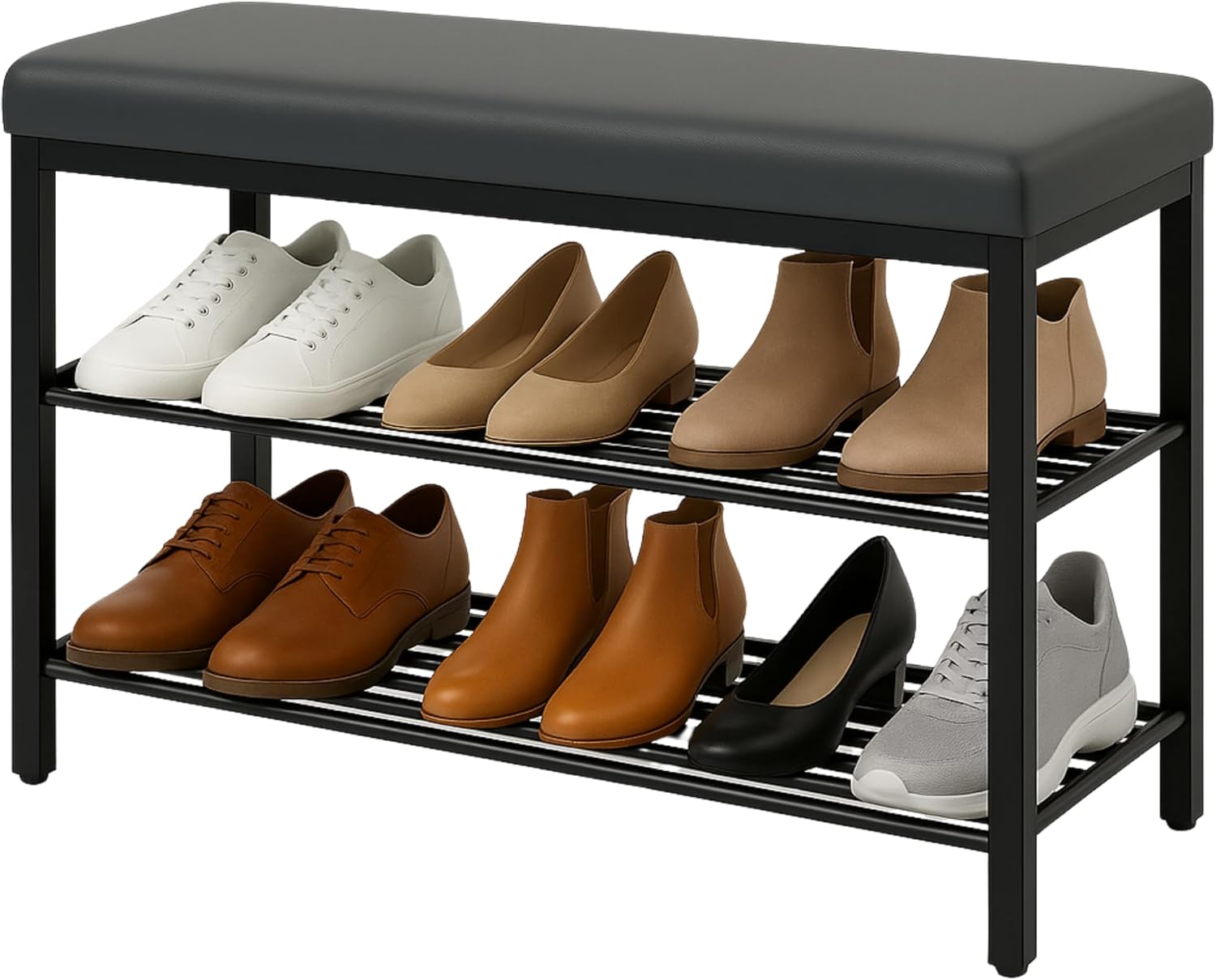 USTECH Shoe Storage Bench with 3 Tier Standing Shelf and Comfortable Seat | Perfect Entryway Cabinet and Long Bench Seat Solution