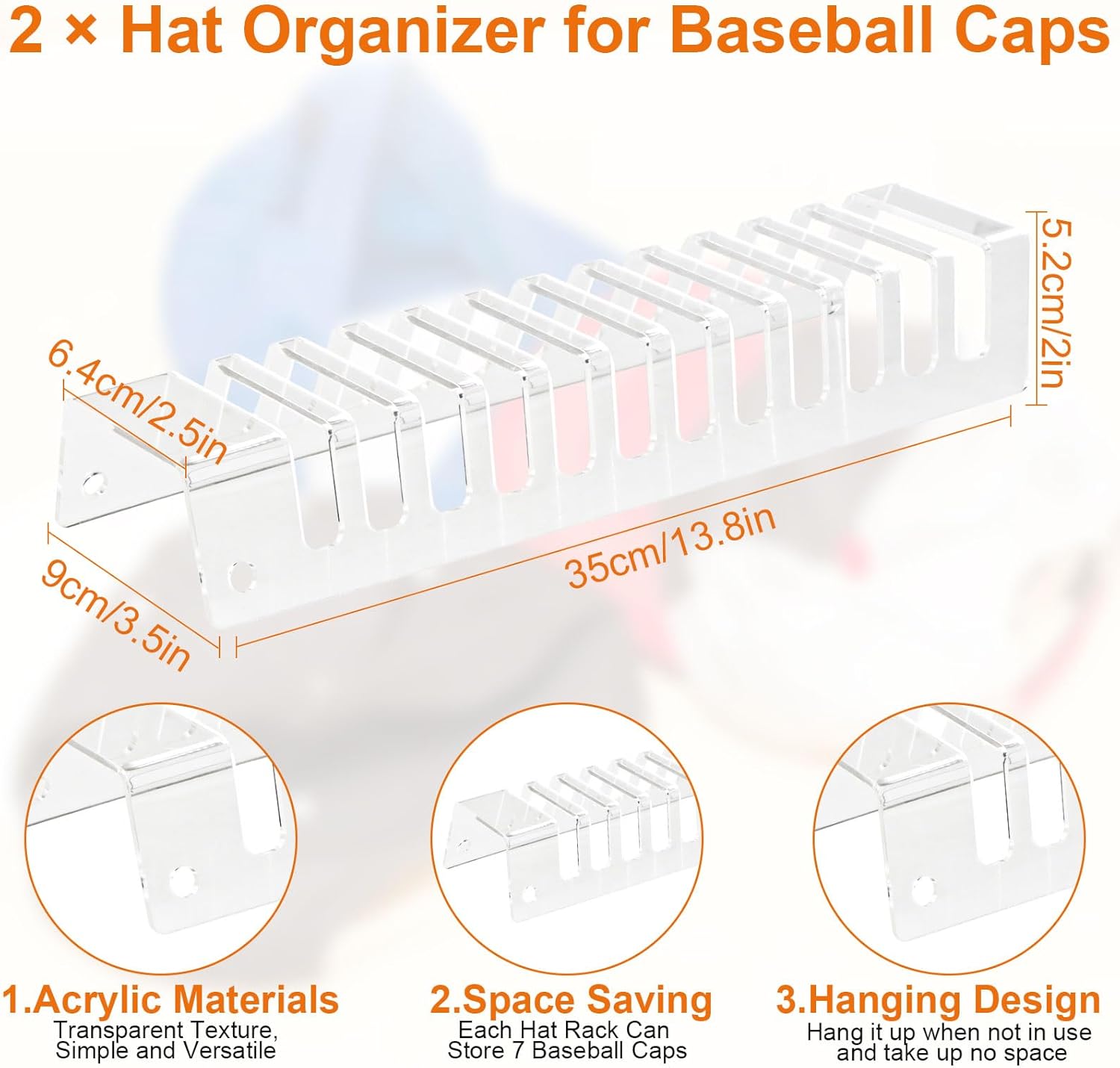 2 Pack Acrylic Hat Organizer for Baseball Caps, Hat Stand for Baseball Caps, No Install Baseball Hat Storage Organizer, Hat Storage for Baseball Caps Organizer, Hat Organizer for Closet, Dresser(B)