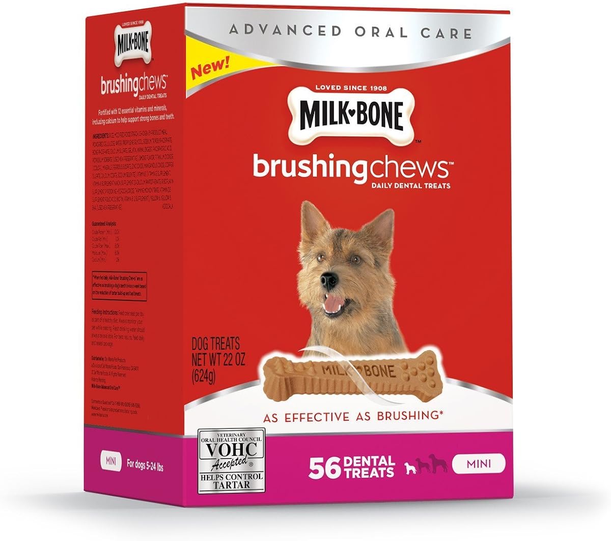 Masticables para cepillado de huesos de leche, golosinas dentales diarias para perros, mini, 56 unidades