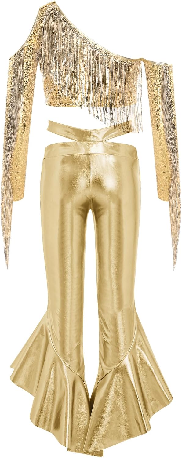 Shiny Pants for Girls Stage Performance Clothes Sets Jazz Hip Hop Dance Tops Party Outfits Streetwear