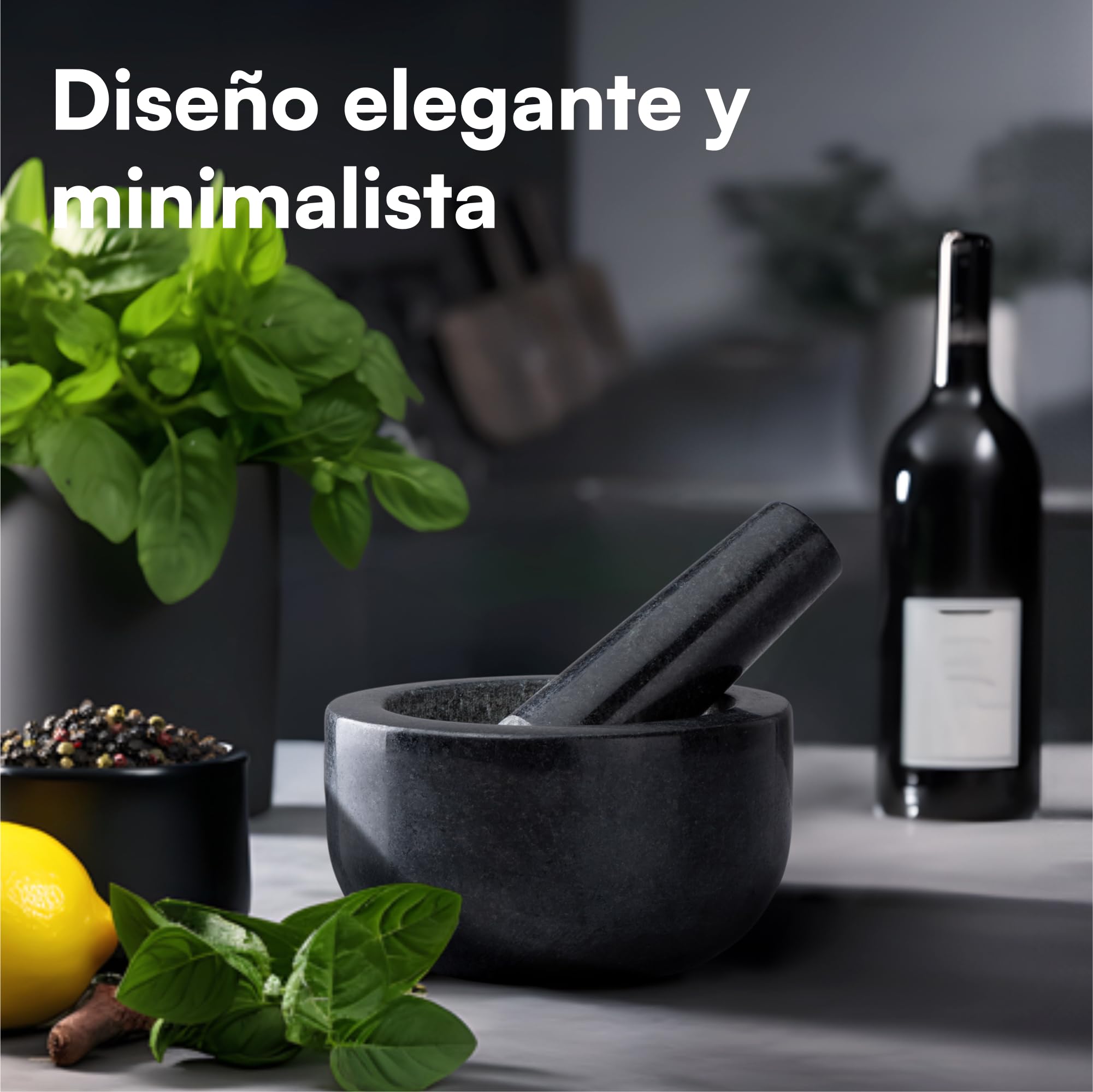 H&S Set de Mortero - Mortero Cocina de Piedra Maciza de Granito Negro para Machacar y Triturar Especias - Set Molcajete Grande de Cocina para Moler - Mortero Piedra Negra