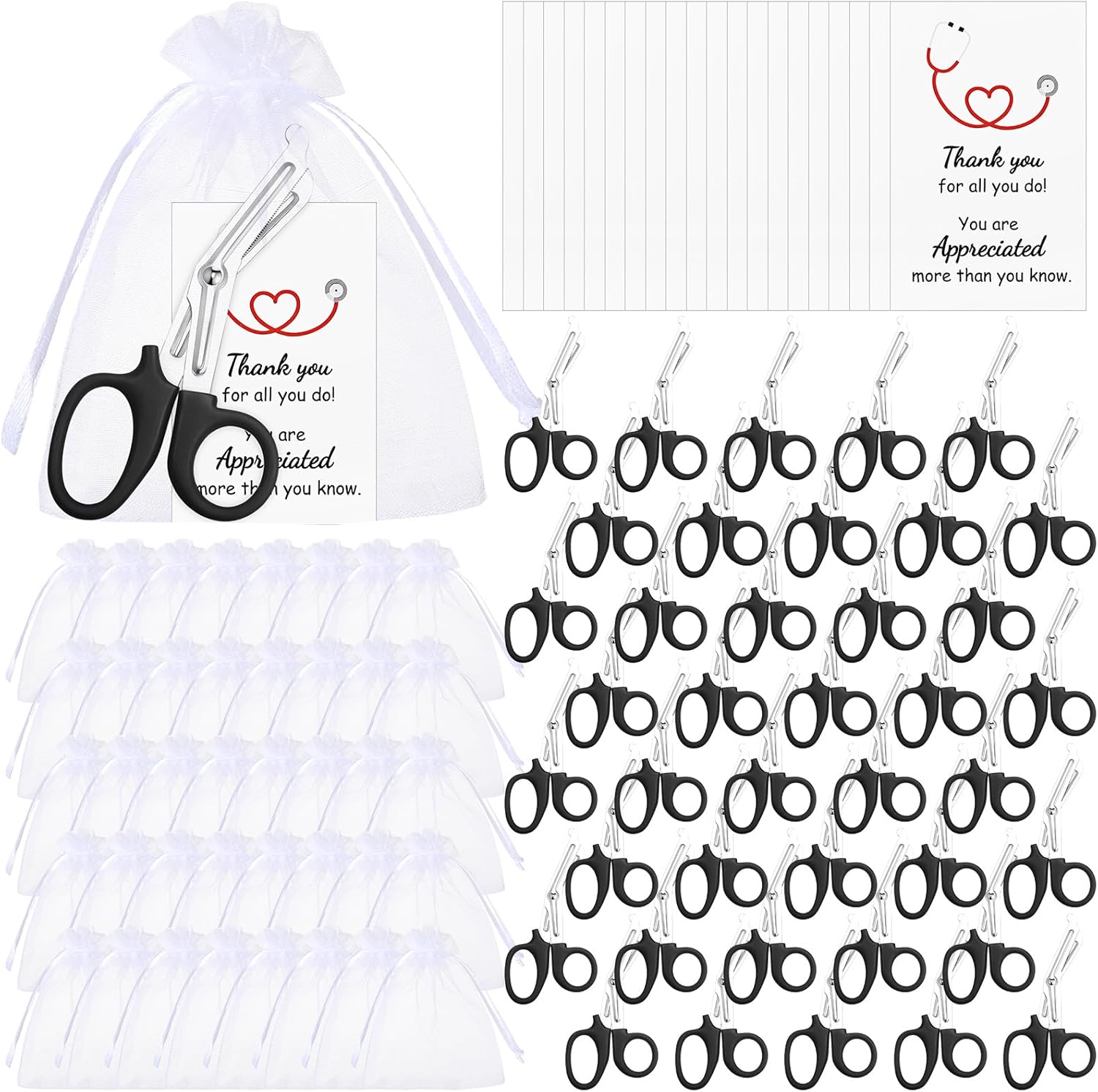 Threlaco 40 Pcs Trauma Shears, Gifts for Nurse Day, Medical Scissors with Organza Bags and Thank You Gift Tags, Stainless Steel Gauze Shears for Nurses Doctors EMS Volunteers (Black)