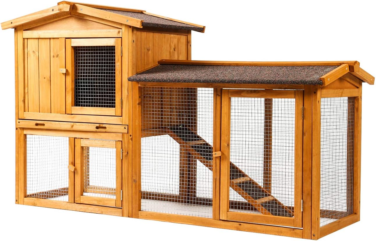 Ogrmar Chicken Coop Large Wooden Outdoor Bunny Rabbit Hutch Hen Cage with Ventilation Door, Removable Tray & Ramp Garden Backyard Pet House Chicken Nesting Box