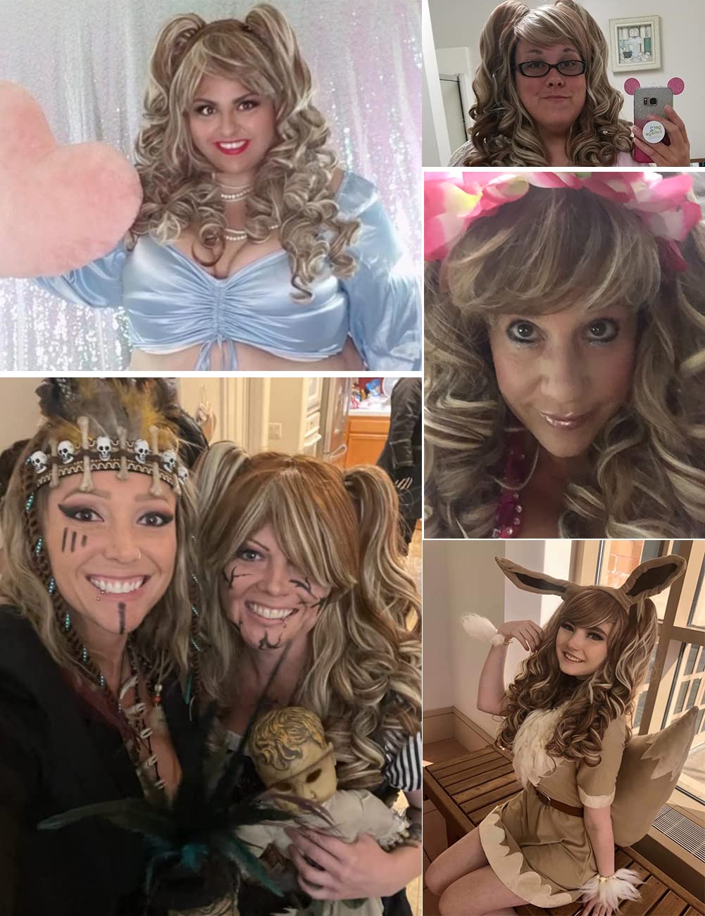 ColorGround Long Curly Multi-Color Cosplay Wig with 2 Ponytails(Brown with Blonde) - Image 2