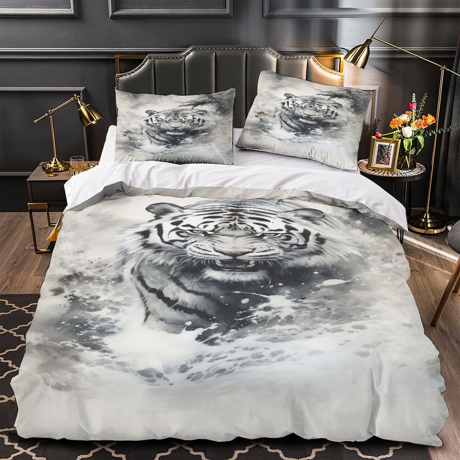 Housse de couette tigre blanc parure de lit 3 pièces en microfibre douce king 220x240cm