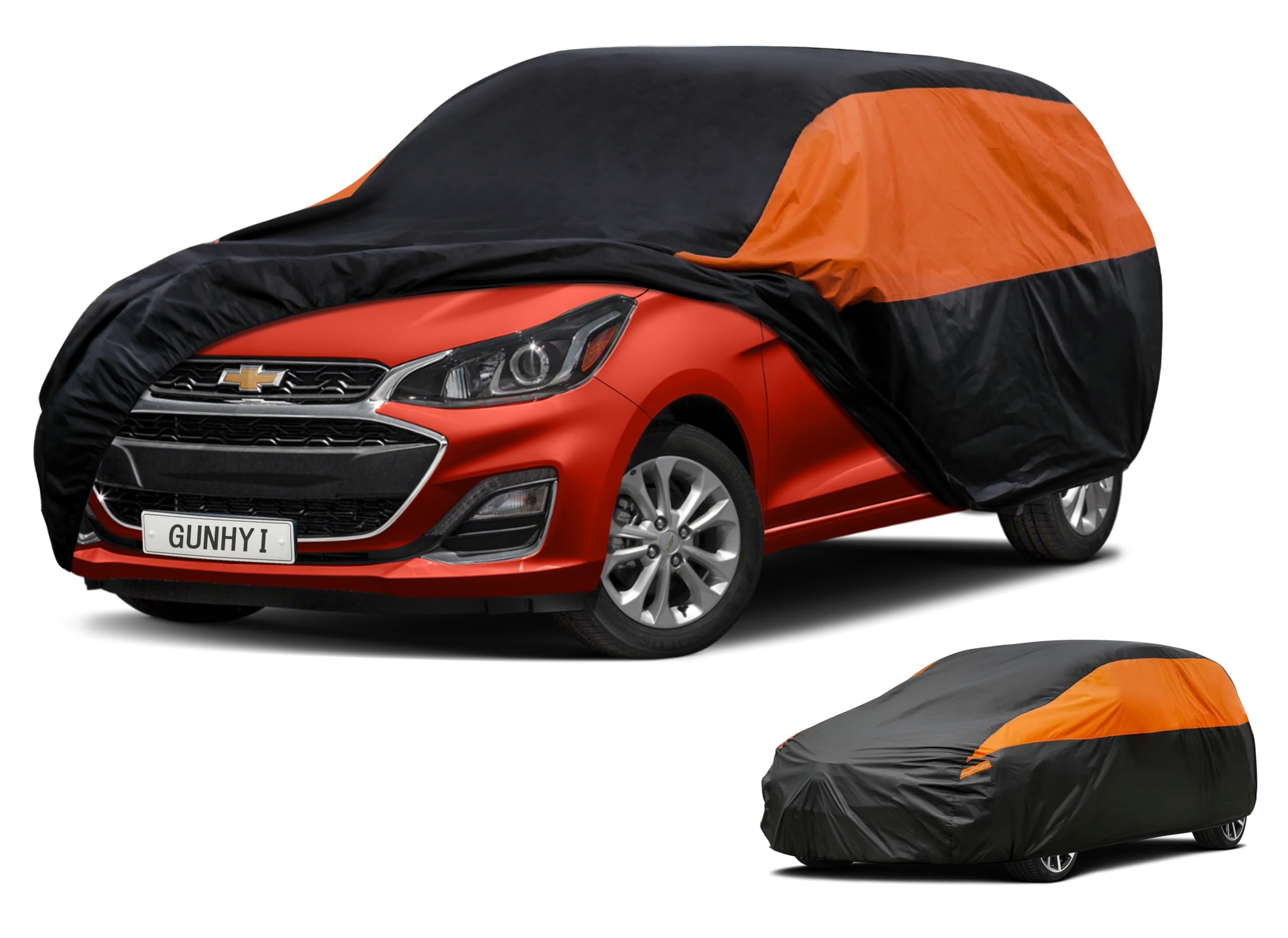 GUNHYI Waterproof Hatchback Full Car Cover Custom Fit Chevy Spark | All‑weather Outdoor sun/rain/dust/snow/wind/UV protection, breathable lightweight fabric, black‑orange design,storage bag