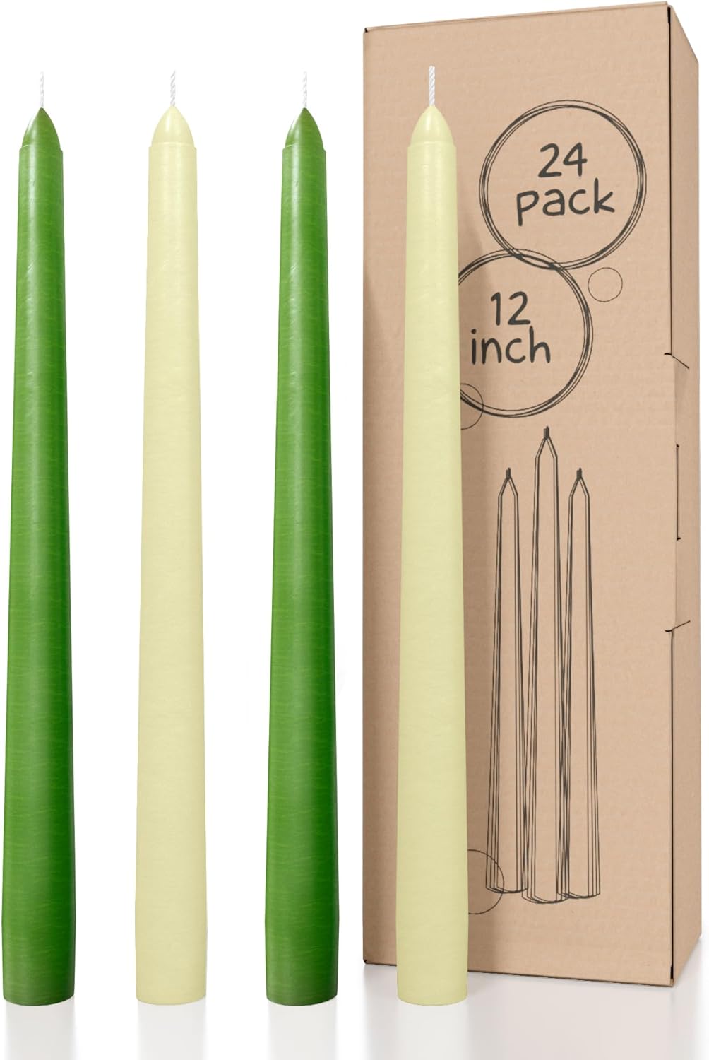 CANDWAX 12 Inch Grass Green and Ivory Taper Candles Bundle - 12 Grass Green Candlesticks and 12 Ivory Candle Sticks - Dripless and Smokeless Candle Sticks Unscented - 24 Candles