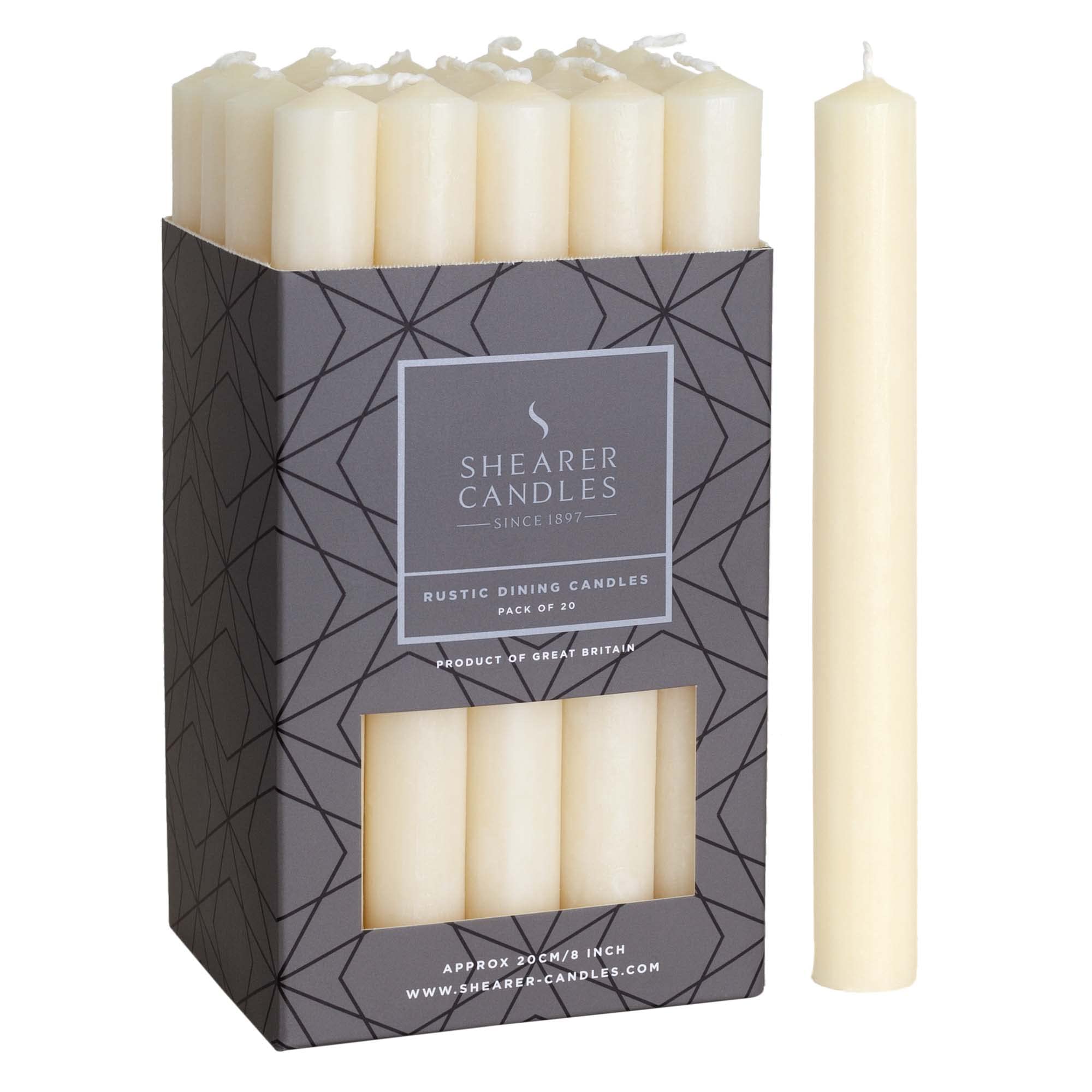 Shearer Ivory Candles - Dinner Candles - 8 Inch - Unscented Dinner Candles - 8 Hour Burn Time - 20 Pack