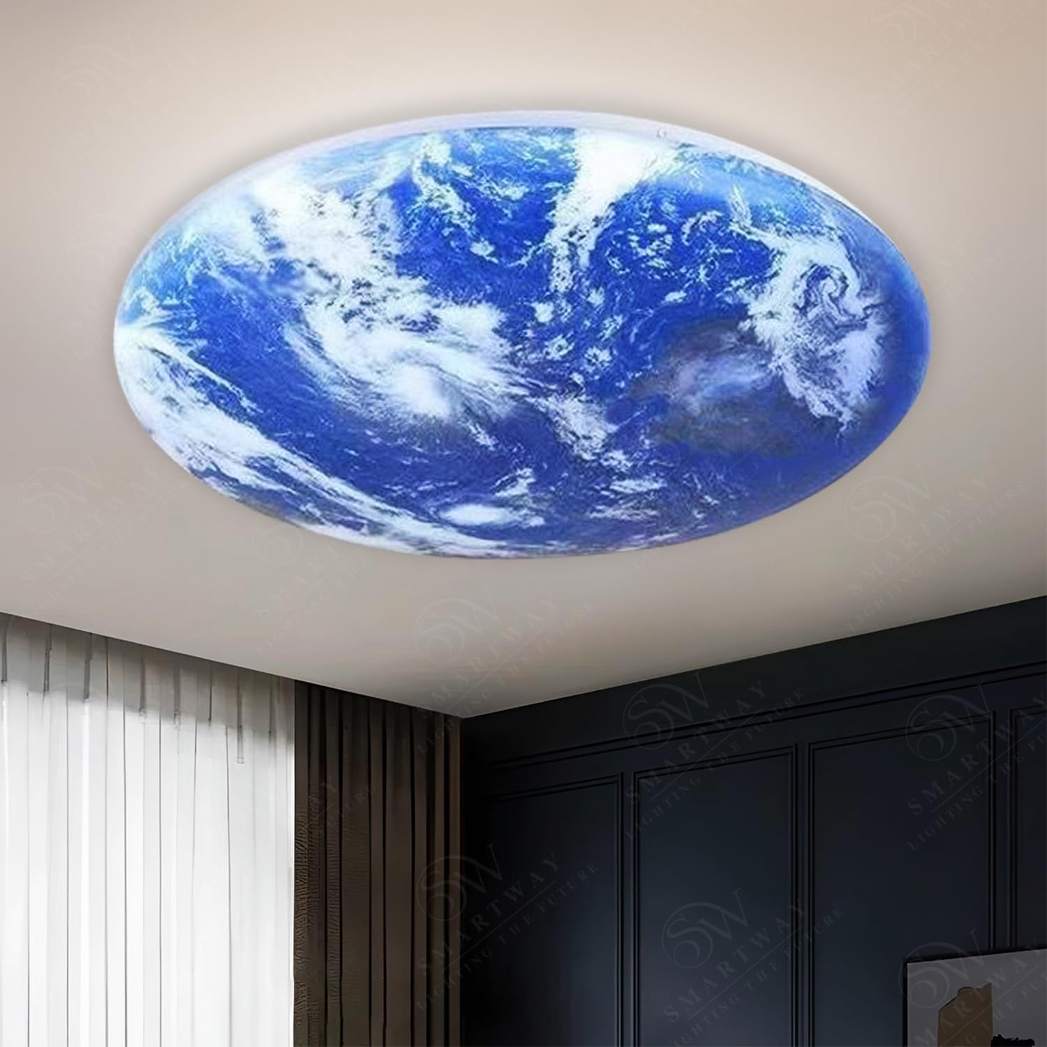 Smartway® Obel 74 Watt 3D Earth Globe LED Ceiling Light | Realistic Planet Design with 3 Color Modes (Warm, Natural & Cool White) | Modern Decorative Ceiling Lamp for Living Room, Bedroom, Office