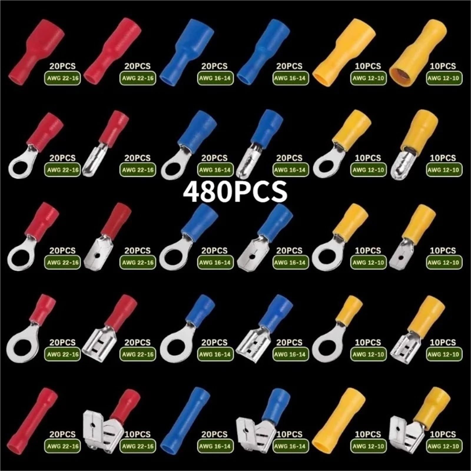 Terminales eléctricos Conector de Cable aislado, engarce eléctrico, juego horquilla con anillo a tope pala, terminales enrollados eléctricos, Kit surtido(1200PCS)