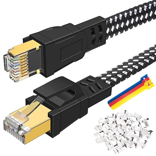 Cat 8 Ethernet Cable 50 FT, Nylon Braided High Speed Flat Network Cable Shielded with Gold Plated RJ45 Connector, 30AWG LAN Internet Cable 40Gbps 2000Mhz for PS4, PS5, Ethernet Switch, Router, Modem