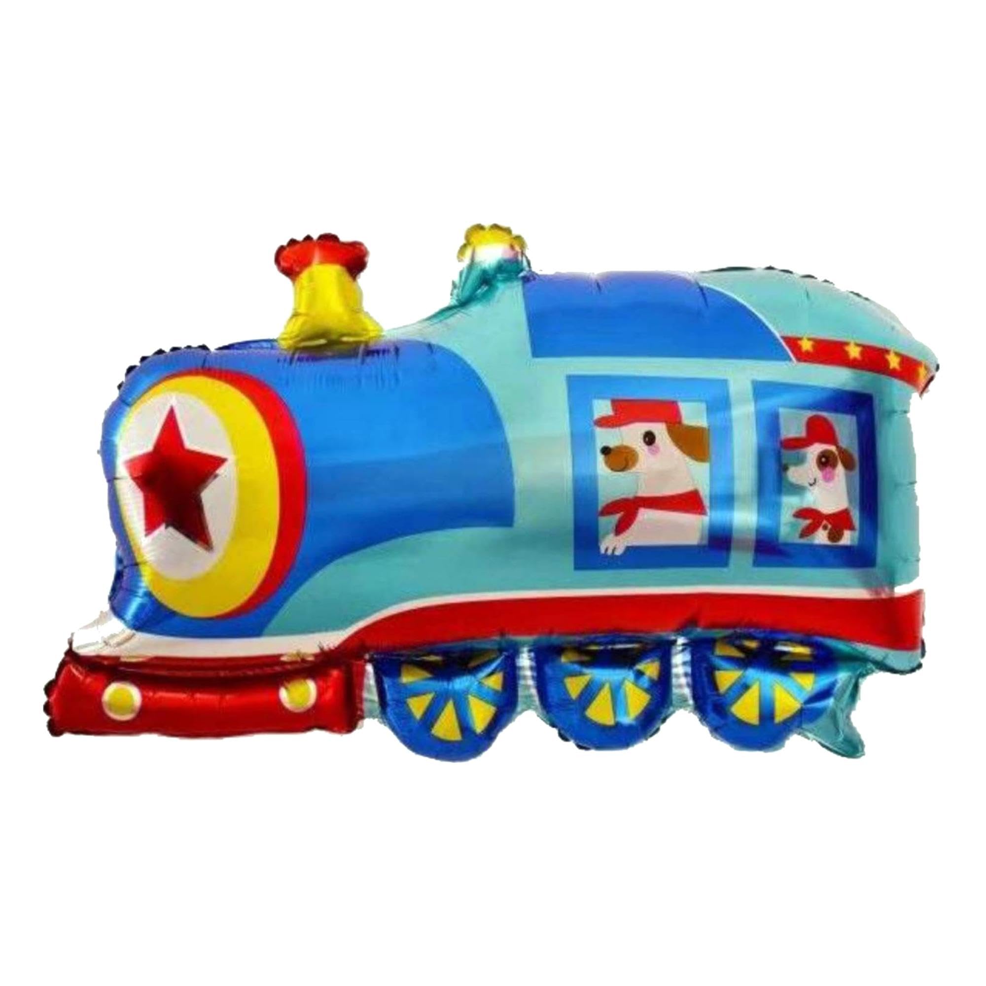 32x27 inch Train with Dogs Foil Balloon | Blue Yellow colored design | Big Large Multicolored Party Balloons | Locomotive Decoration | Décor | 32 by 27 inches