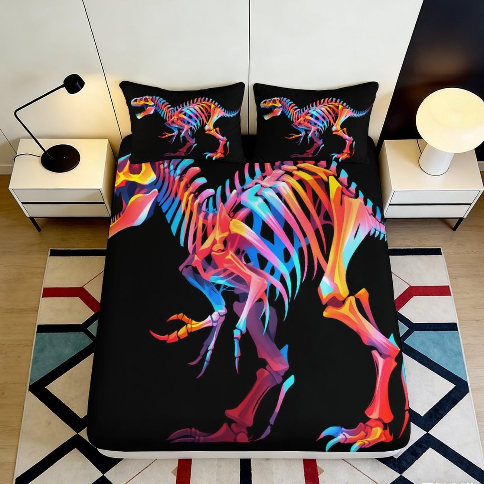 3D Printed Colorful Dinosaur Skeleton Fitted Sheet Microfiber Soft Mattress Cover for Bedroom Dorm Room Decor 90x200x25cm