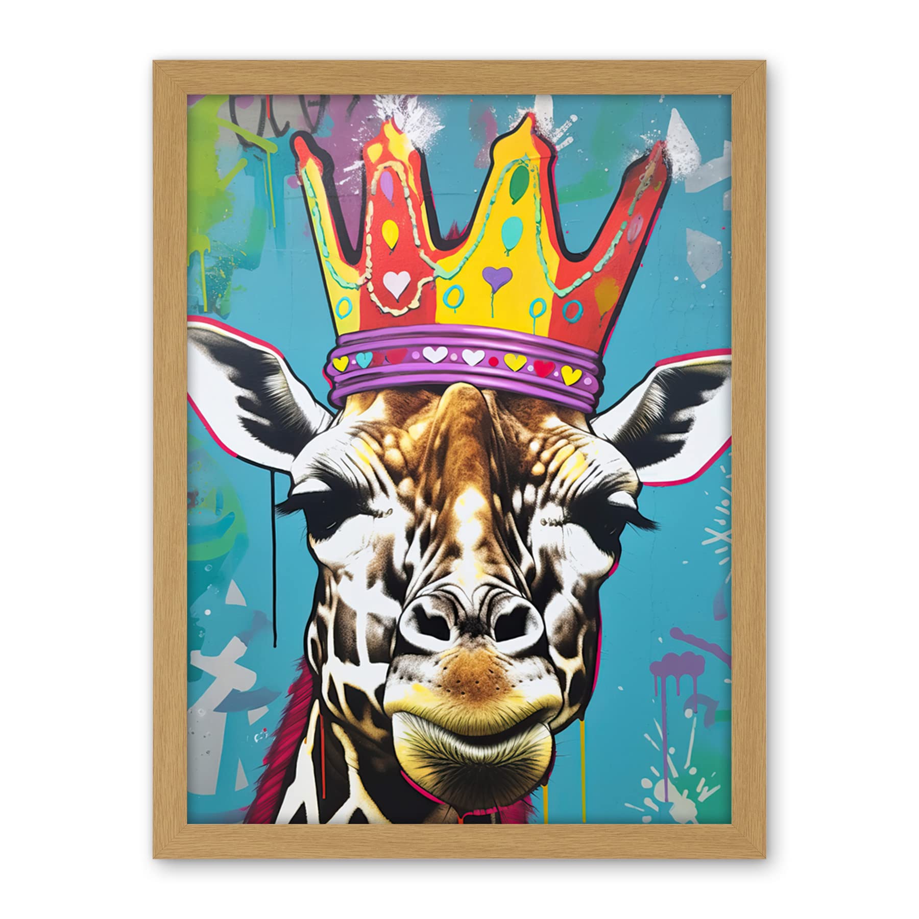 Artery8 Giraffe With Queen Birthday Crown Modern Pop Art Artwork Framed Wall Art Print 18X24 Inch