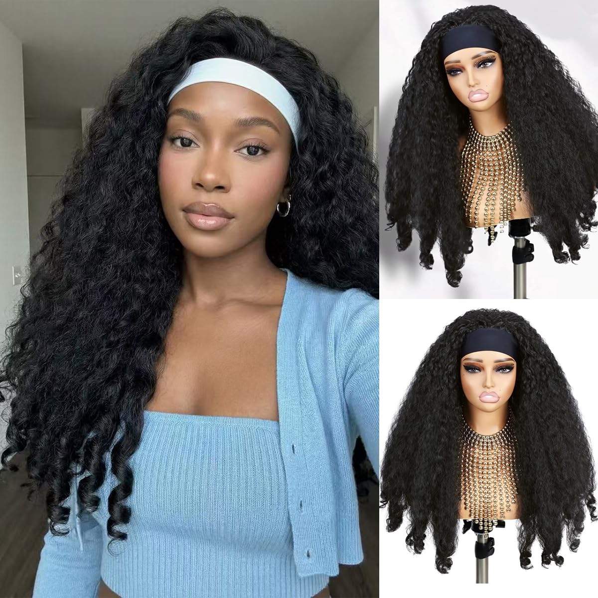 Afro Curly Headband Wig for Black Women Wear and Go Kinky Curly Glueless with Bouncy CurlHalf Wigs Yaki Straight Synthetic Headband Wigs(Natural Black, 24inch)