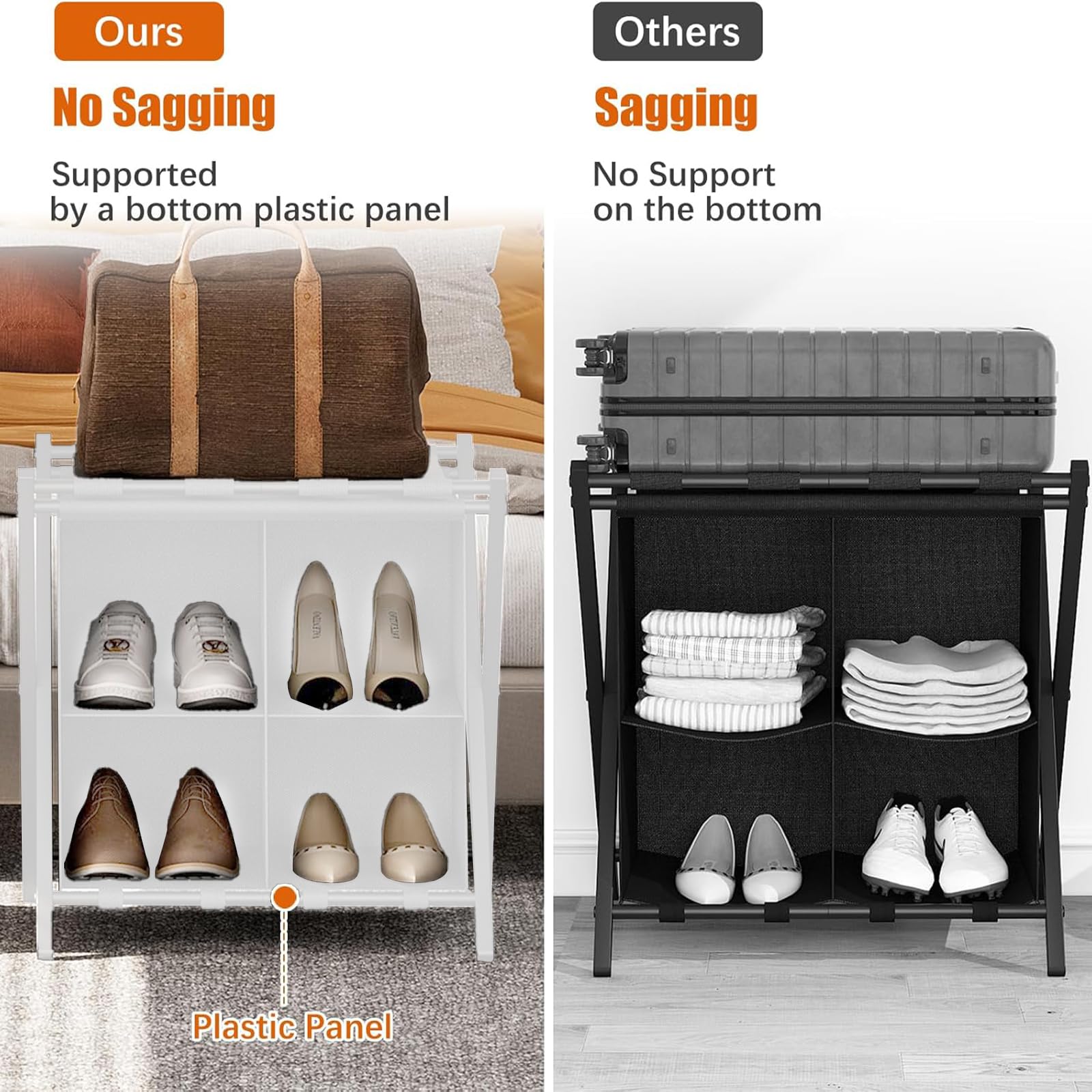 Huhote Portaequipajes para habitación de invitados, juego de 2, soporte plegable para maleta con estante de almacenamiento de tela, soporte de equipaje, soporte plegable de acero para habitación de