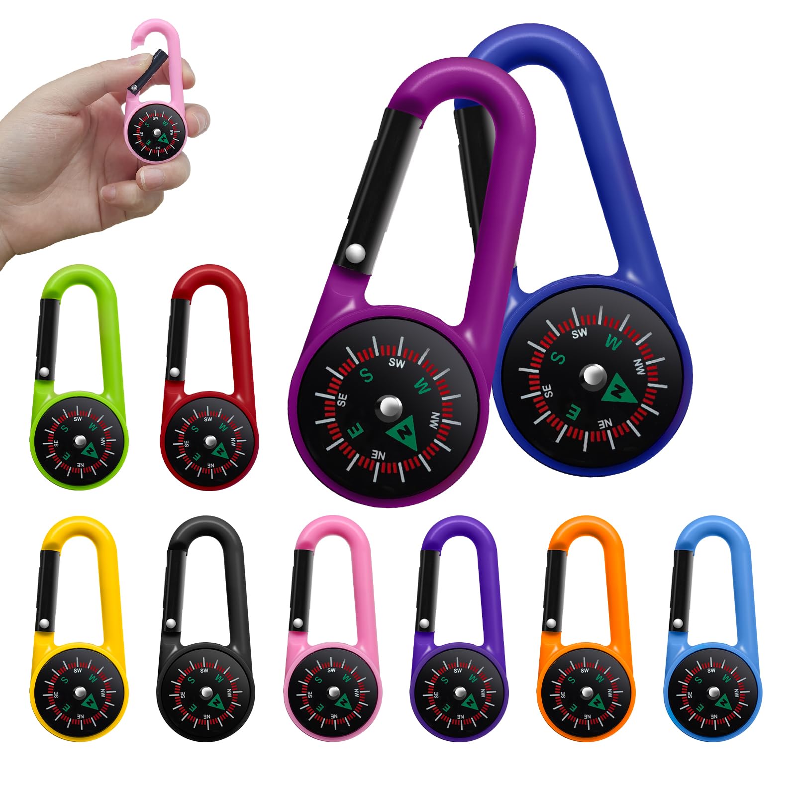 10 Pezzi Bussole Mini con Moschettone, Bussola Portachiavi Professionale Outdoor Multicolore, Leggeri e Pratici per Camping, Trekking, Alpinismo, Pesca, Regali per Bambini, Feste di Compleanno 10 Anni