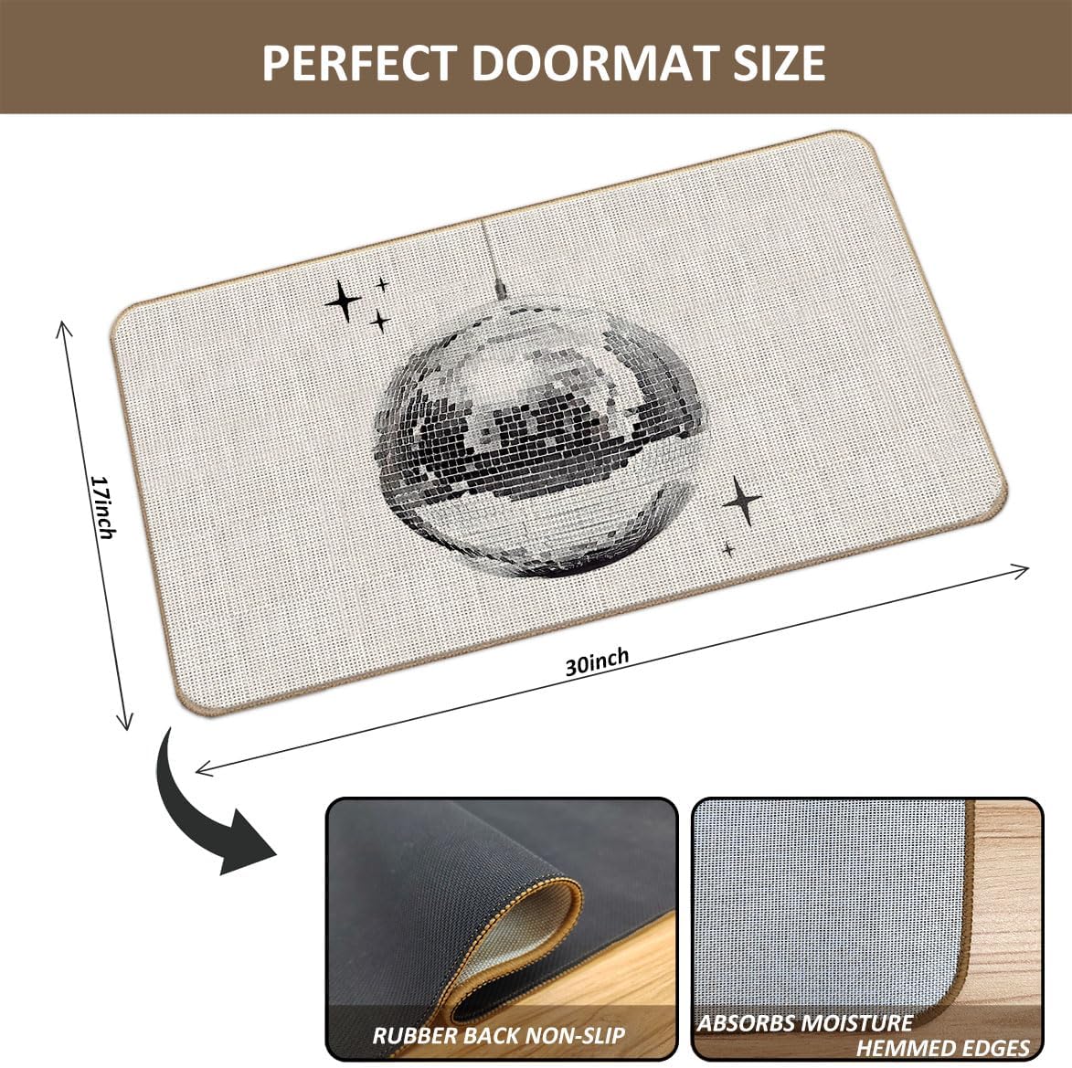 Retro Disco Ball Front Door Mat Indoor Outdoor Entrance,Disco Ball Cowgirl Dorm Room Decor, 17"X30"