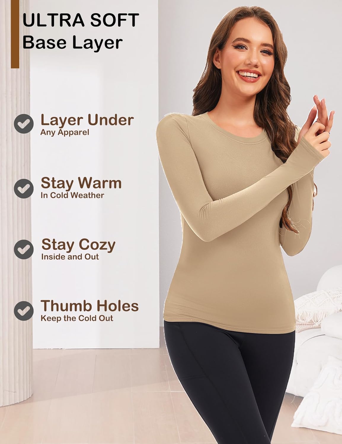 Womens Long Sleeve Thermal Tops Ladies Fleece Lined Baselayer Undershirt for Winter Cold Weather with Thumb Holes - Image 3
