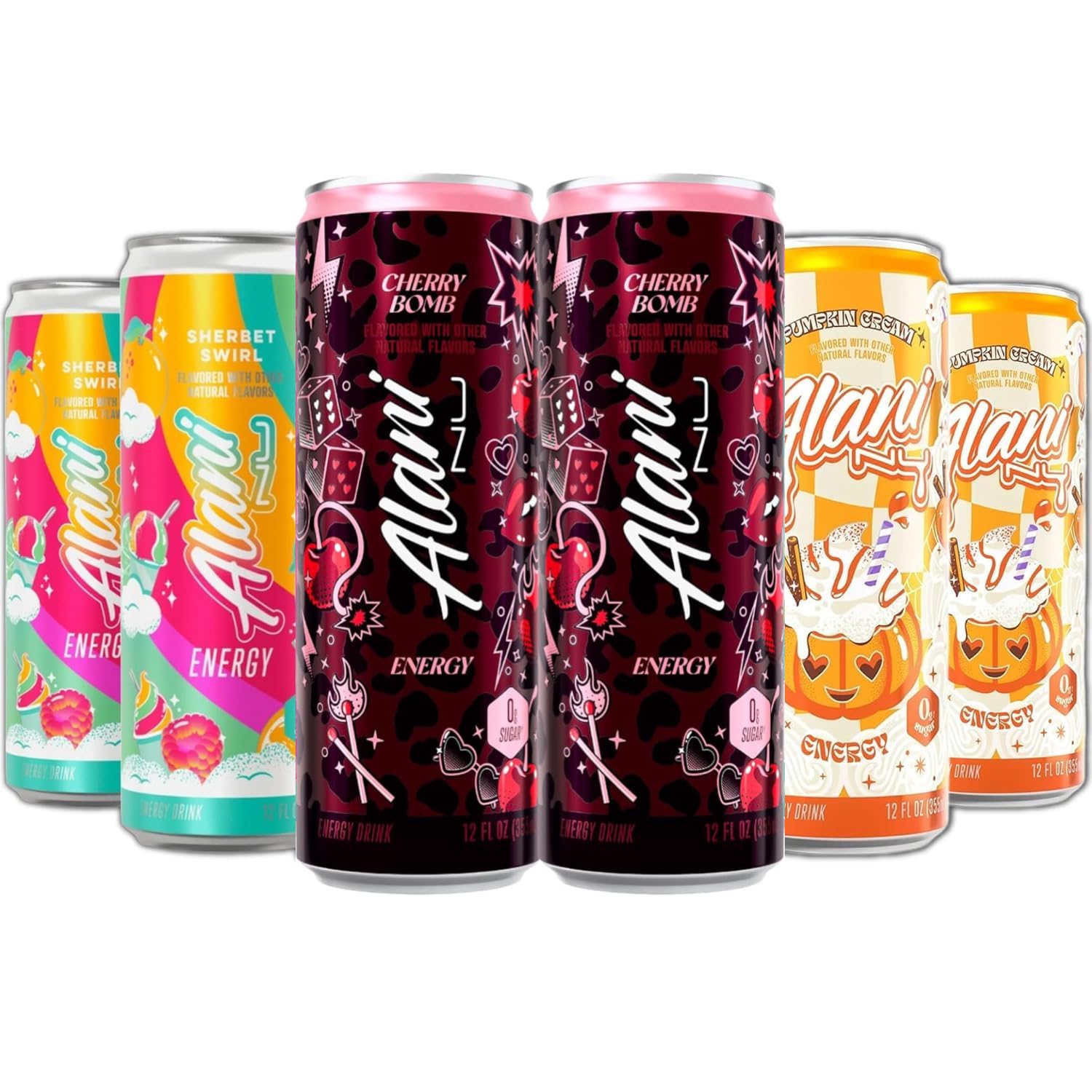 New Alani Energy Drinks Pumpkin Cream, Sherbet Swirl, Cherry Bomb - Limited Edition Flavors - Variety Pack, Sugar-Free, Low-Calorie, 200mg Caffeine, Energy Boost Drink 12 fl oz (Pack of 6) (Packaging May Vary)