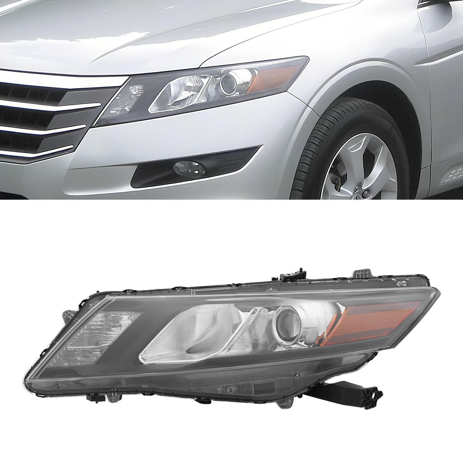 Halogen Headlight Assembly for 2010-2012 Honda Crosstour EX/EX-L, Direct Replacement Left & Right Side, ABS/PC Housing, No DRL, HID High Beam Light,