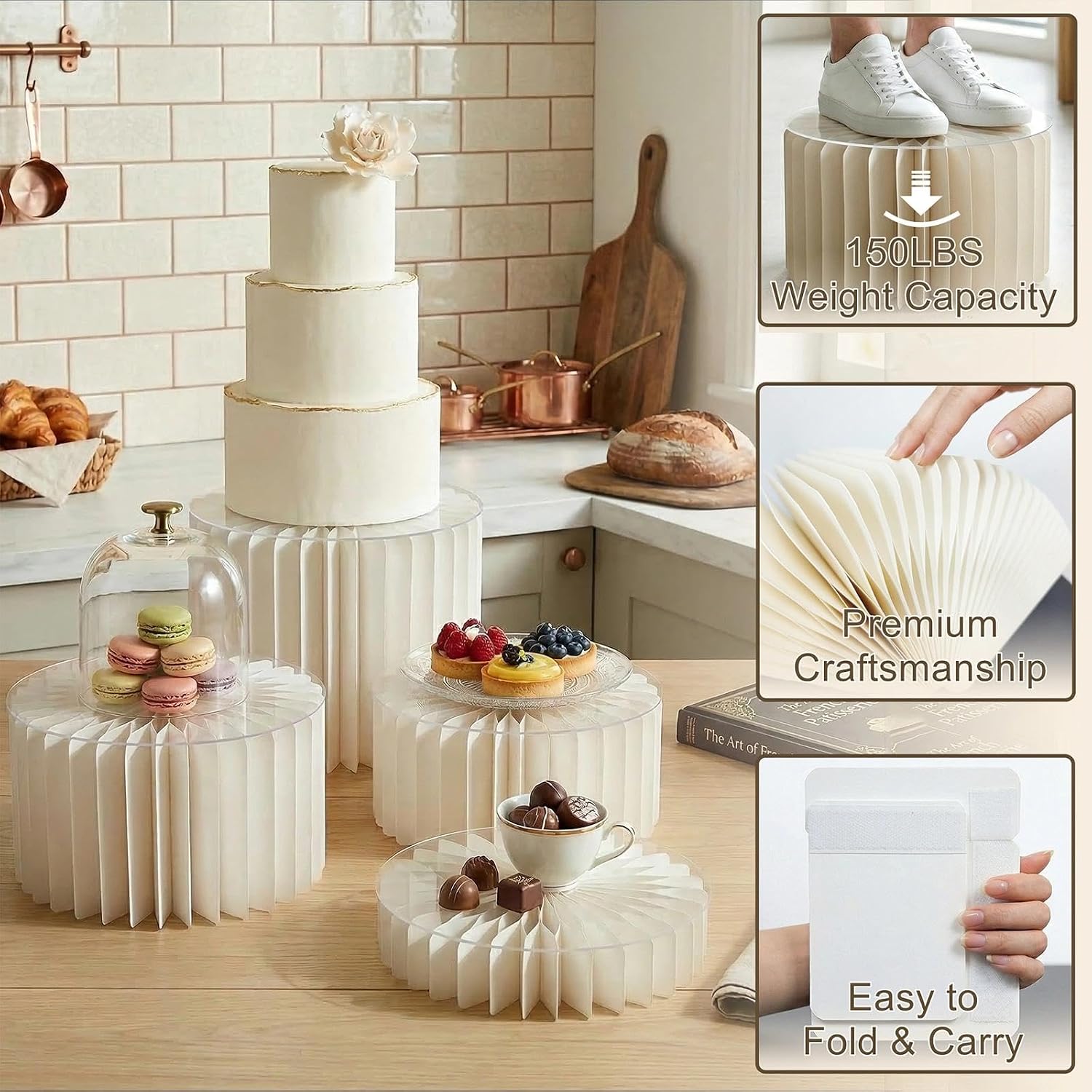 iobiotio Foldable Cake Stand, Reusable Buffet Risers, 4 Pack Round Dessert Stands with Acrylic Tops, Cardborad Display Stands for Weddings, Birthdays, Baby Showers, Parties, Home Decor, White