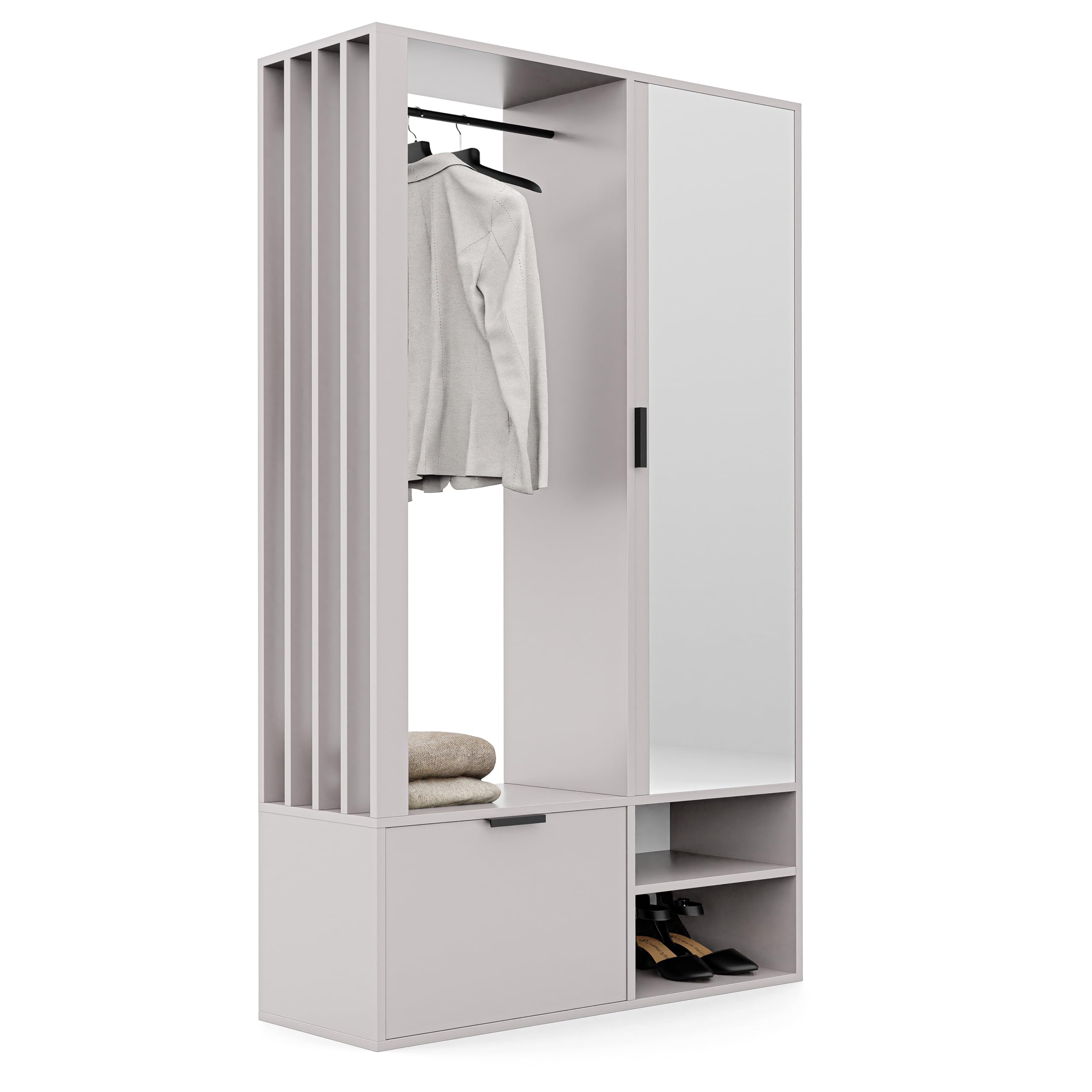 GREKPOL Garderobe Set mit Spiegel 100x33x190 cm Cashmere Garderobenschrank Flur mit Regalböden und Kleiderhaken