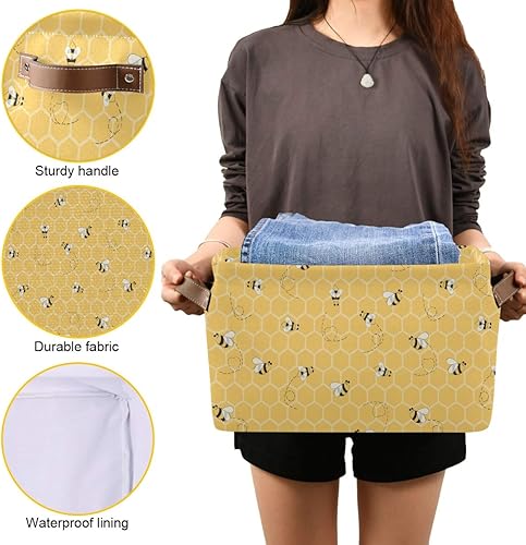 Miniatura 7 de Cesta de almacenamiento en cubo amarillo con peine de abeja y miel, caja de almacenamiento plegable grande para juguetes, organizador de lavandería