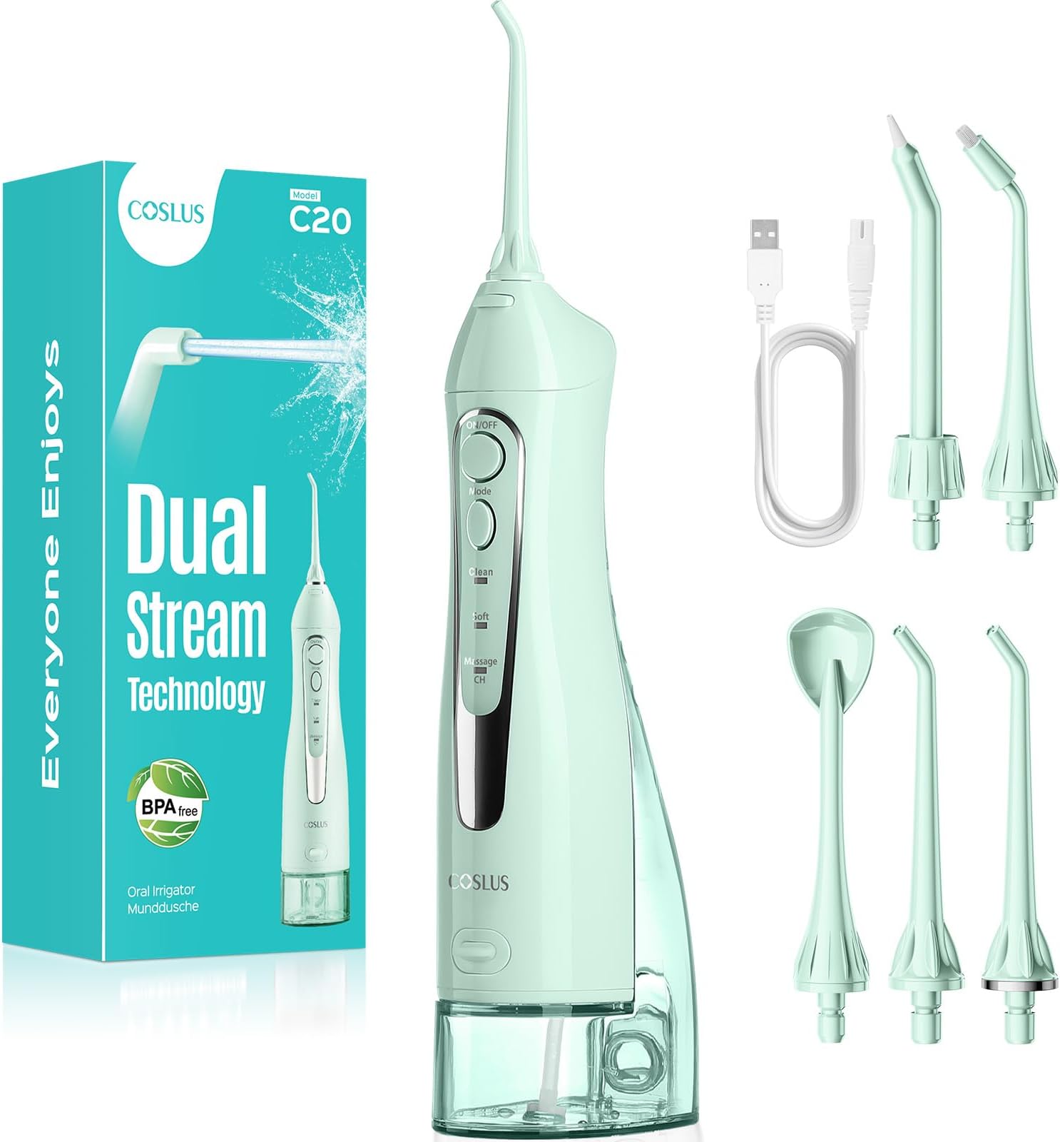 COSLUS C20 Water Dental Flosser Teeth Pick: 2026 Upgraded Portable Cordless Waterproof Flossing 300ML Rechargeable Travel Irrigation Cleaner IPX7 Green