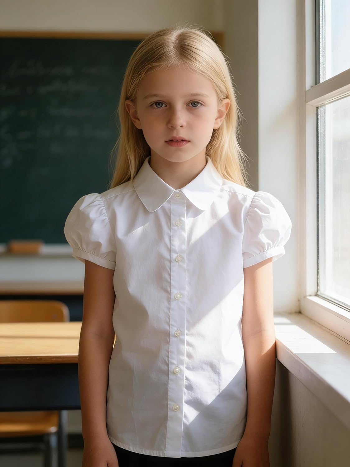 Bienzoe Girls Shirt Short Sleeve: White Button Up Kids School Uniform Cotton Oxford Collar Puff Dress Blouse Bowtie Pack - Image 2