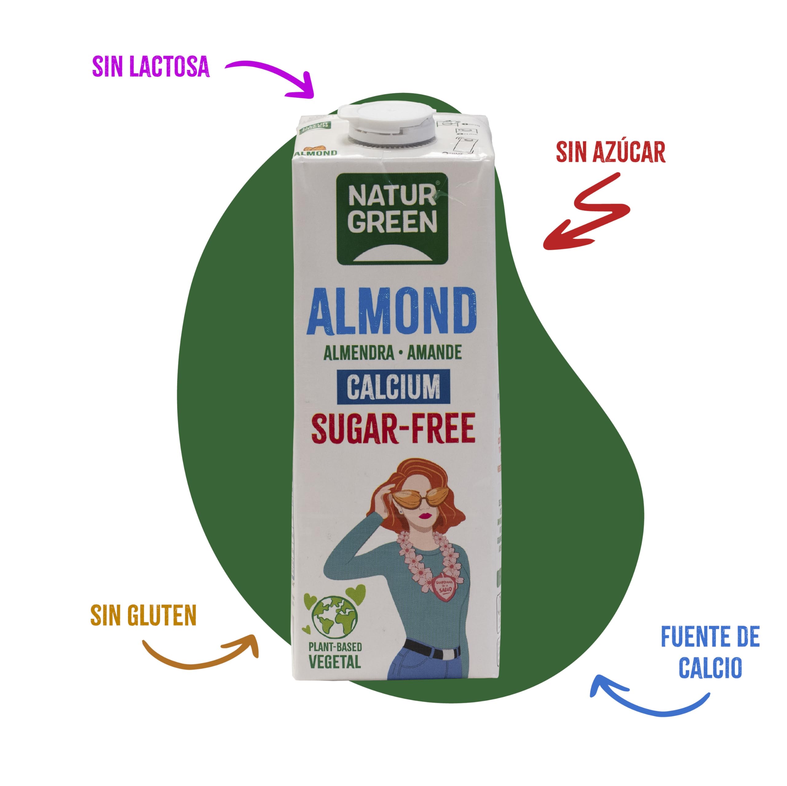 NaturGreen - Almond Calcium Sin Azúcar, Bebida Vegetal de Almendra sin Azúcares y con Calcio Añadido, 100% Vegano, Sin Soja, Sin Gluten, Sin Lactosa - 1L