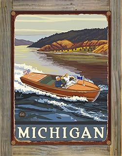 Michigan Woodie Boat Lake Rustic Metal Print on Reclaimed Barn Wood from Travel Artwork by Artist Paul A. Lanquist 8.5" x 11.5"