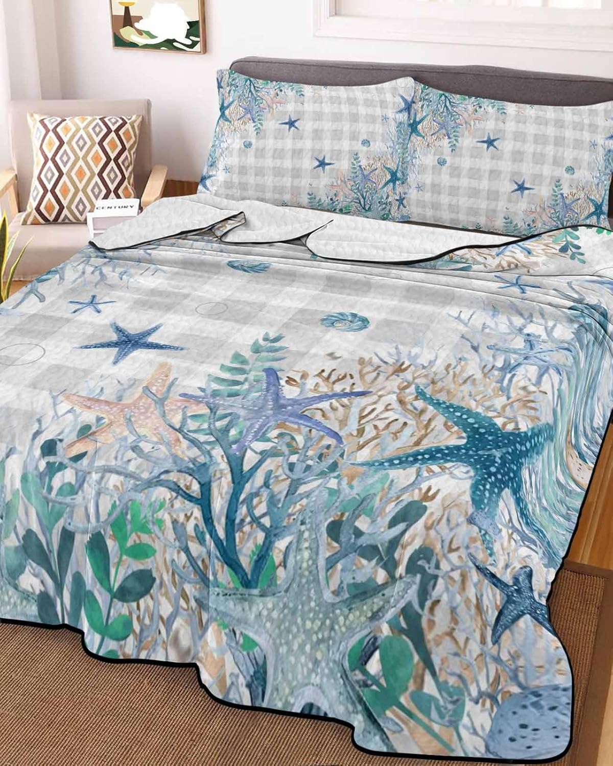 Queen Size Quilt Set, Summer Starfish Coral Blue Ocean Lightweight Bedspread Coverlet Set Soft Microfiber Summer Quilt with 2 Pillow Shams, Gray Buffalo Check 3 Piece Comforter Bedding Set