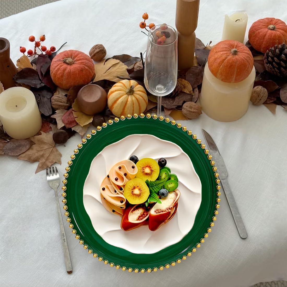 Green Charger Plates, 13 Inch Plastic Beaded Chargers for Dinner Plates, Party, Wedding, Birthday. Table Setting, (Set of 6)