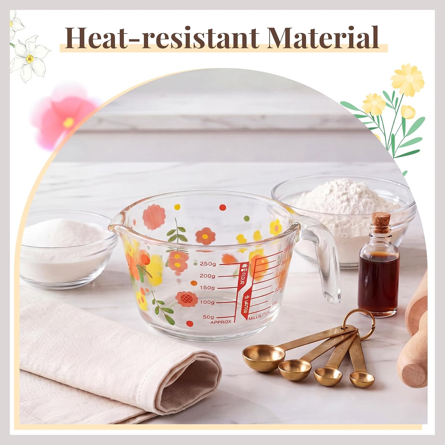 17 oz Flower Glass Measuring Cup with Handle, Cute Floral