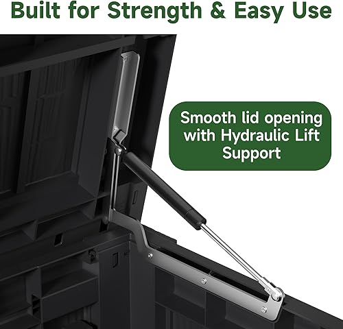 Vista 48 de EasyUp Caja de almacenamiento para exteriores de 230 galones, impermeable, resistente a los rayos UV, con varilla hidráulica, estabilidad reforzada