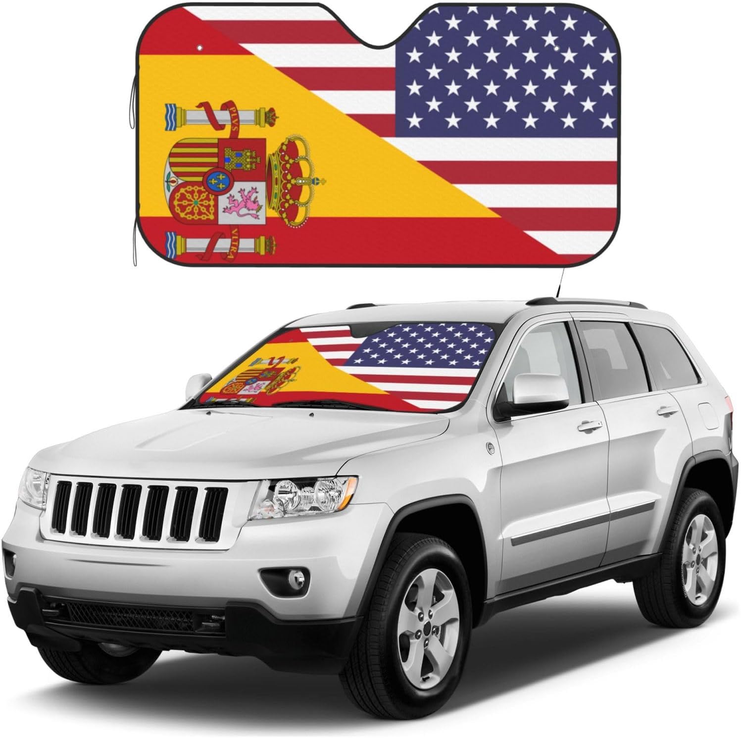 America Spain Friendship Flag Foldable Car Windshield Sunshade Blocks Heat and Sun Glare Uv Rays
